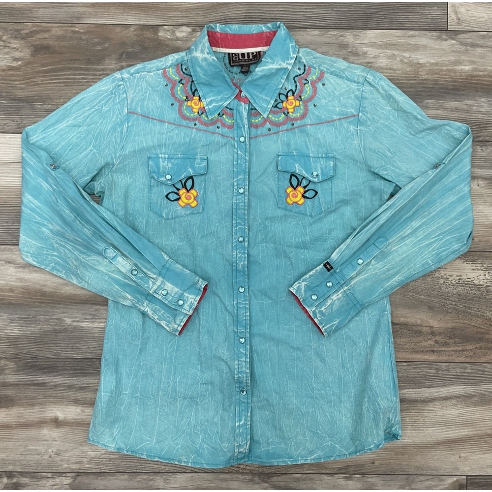 Cowgirl Up Womens L Western Shirt Teal Embroidered Floral Pearl Snap Cotton
